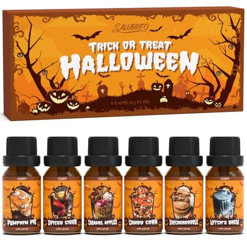 SALUBRITO Halloween Essential Oils Set, Pumpkin Pie, Spiced Cider, Caramel Apple, Candy Corn, Snickerdoodle, Witch's Brew Scented Oils for Diffuser, Candle, Soap Making, Premium Autumn Fragrance Oils