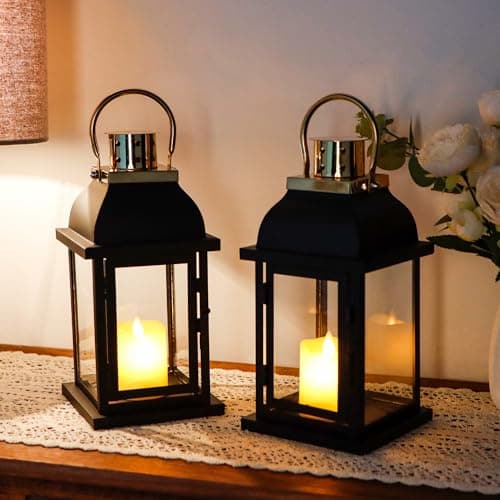 Set of 2 Metal Decorative Candle Lantern 25 cm High Black Hanging Candle Holder Vintage Lantern Decor with Tempered Glass for Indoor Outdoor Home Table Patio Wedding