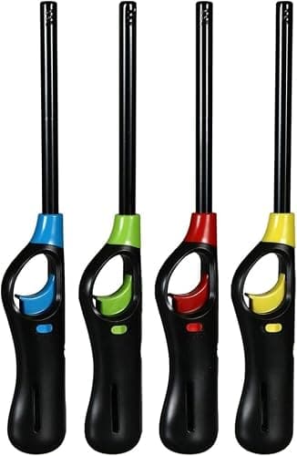 BML 4 Pack BBQ Lighter Adjustable Flame Long Reach Windproof Refillable Gas Lighter for Outdoor Use Kitchen Candles Stove Grill & Camping Use (Assorted Colours)