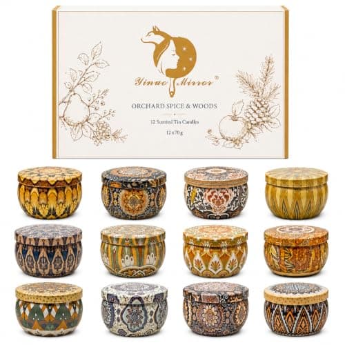 YINUO MIRROR Scented Candle Gift Set, 12 x 70g Soy Wax Tin Candles, Autumn & Winter Fragrances, Orchard Spice & Woods, Cosy Home Gifts for Women