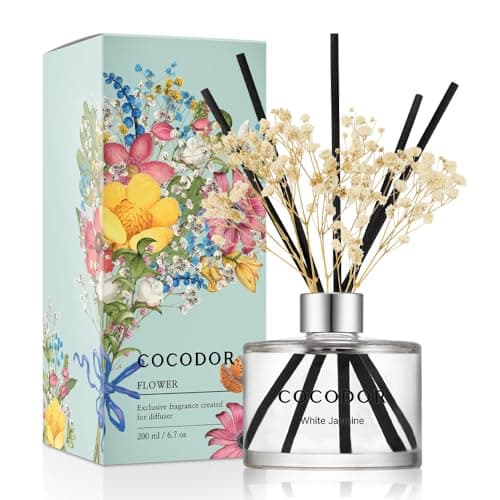 COCODOR Flower Reed Diffuser set / 6.7oz(200ml) / White Jasmine/Scent Diffuser with Sticks Home Fragrance Reed Diffuser for Bathroom Shelf Decor
