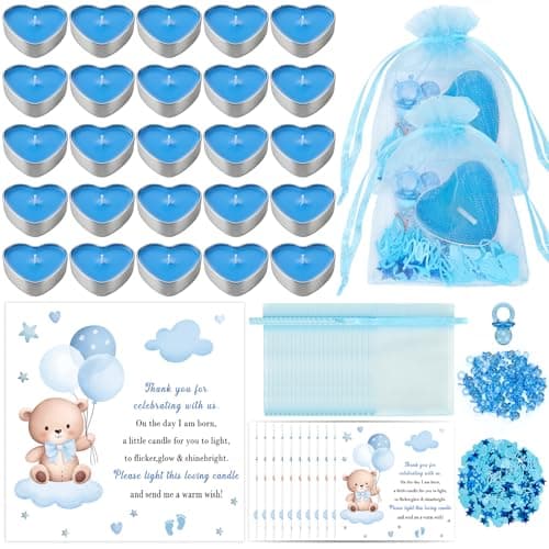 Defresit 50 Sets Baby Shower Favors Tealight Candles for Guest Cute Boy Baby Shower Party Favors Gifts with Thank Cards Gender Reveal Party Favors,Blue
