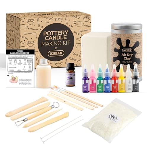 Anbar Creative Pottery Clay Candle Making Kit for Adults and Kids - Complete DIY Set with Air Dry Clay, Soy Wax, Essential Oil, Sculpting Tools & Acrylic Paint Create Your Own Custom Scented Candles