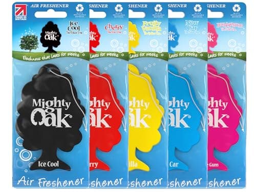 Mighty Oak Air Freshener – Mixed Fragrance 5 Pack (New Car, Ice Cool, Vanilla, Cherry & Bubblegum) – Long Lasting Hanging Car Deodoriser – Odour Eliminator – UK Made Auto Accessories – Car Scent Fresh