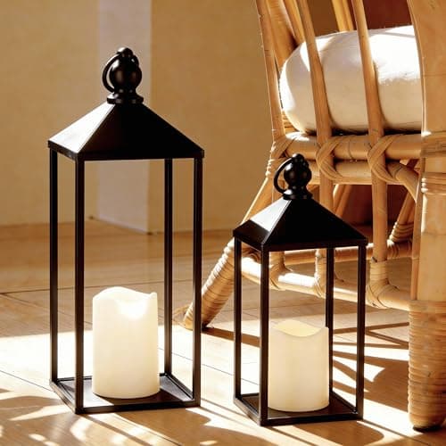 Perfnique Black Lanterns Set of 2 (43cm & 33cm), Candle Lanterns for Living Room & Outside, Indoor & Outdoor Metal Lanterns with LED Timer Flameless Candles, Farmhouse Decor for Patio, Porch & Mantel