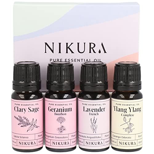 Nikura Floral Essential Oil Gift Set - 4 x 10ml | Perfect for Gifts, Aromatherapy, Diffusers for Home | 100% Pure and Natural Oils | Including Clary Sage, Geranium, Lavender & Ylang Ylang