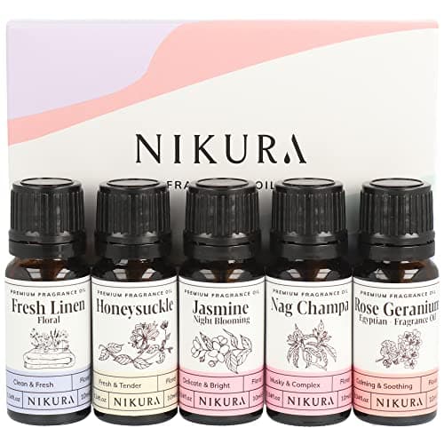 Nikura Floral Meadows Fragrance Oil Gift Set | Diffuser Oils for Oil Burners, Home, Diffusers |Candle Making, Soap, Wax Melts, Yoga, Car, Perfume, Bath Bomb | 5 x 10ml | UK Made Essential Oils