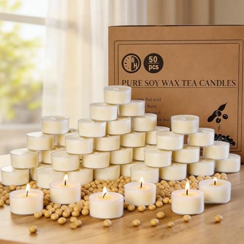 50 Pack Soy Wax Tealights, Unscented Tealight Candles, 6 Hours Burning Time