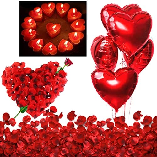 Romantic Decorations, Candles and Petals Set, 50 Love Heart Shaped Floating Tea lights Candles + 1000 Silk Red Rose Petals + 5 Red Heart Shaped Foil Balloons for Wedding, Valentines Day and Engagement