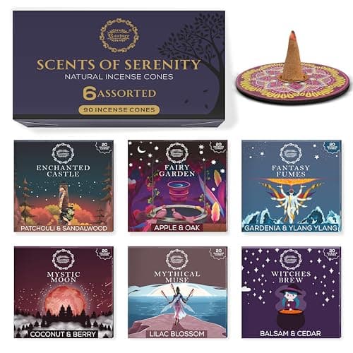 Raajsee Incense Cones, 6 Pack Scents of Sernity Cone Gift Pack 15 pc Each (90 Total), Insence Cones Variety Pack, 100% Organic Non Toxic Natural - Hand Rolled Free from Chemicals,Holder Included