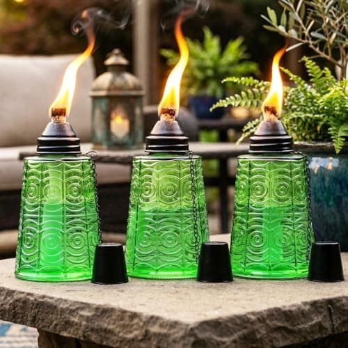 Seraphic Table Top Citronella Burner Torches for Outdoor Patio, 16oz Decorative Glass Tiki Torch Citronella Lamp Candles for Outside Deck, Garden, Parties, Set of 3, Green