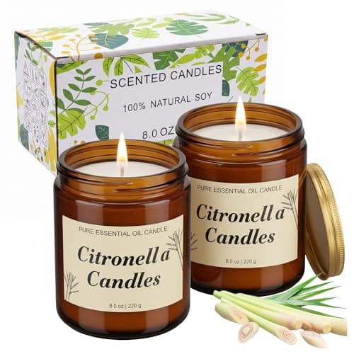 Citronella Candles Outdoor 2 Pack, Large Glass Jar Natural Soy Wax Scented Candle, 120 Hours Long Burn Time for Garden Patio Party Camping, Summer Home Gift Set