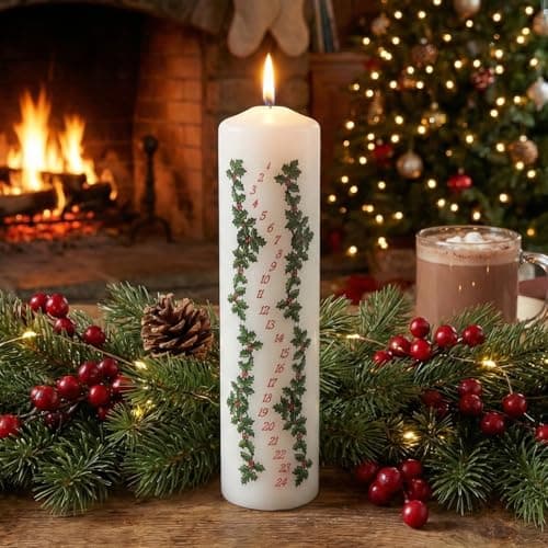 White Hollybush Advent Pillar Candle 3 – Christmas Countdown Candle, 70hr Burn, Festive Candle for Table, Mantelpiece & Seasonal Décor
