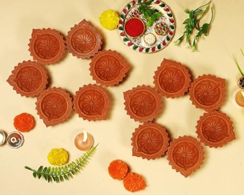 Handmade Terracoaat Set of 12 Natural Clay Diya for Diwali Decorations Oil Lamp Diwali Clay Diya Tea Light Holder Indian Decor Festival Gifts Puja Items - D2505