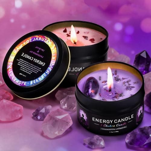 99BOX Crystal Candle Set, 7 oz, Natural Soy Wax, Lavender & Sage Sea Salt with Crystal Stones, Pack of 2, for Relaxation, Meditation, Gift Idea
