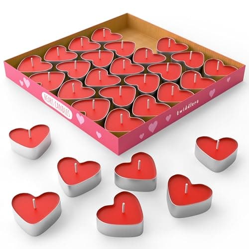 THE TWIDDLERS 50 Pack Red Love Heart Candles Tea Lights (4cm) - Smoke-Free Bulk Set for Romantic Valentine's Dinners, Anniversaries, Wedding Proposals and Decorations