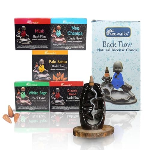 ARO VATIKA Natural Masala 50 Backflow Pack 'A' Incense Cones with 5 Different Assorted Fragrances of Nag Champa, White Sage, Dragons Blood, Palo Santo, Musk | Burn time- 16-18 mins Approx