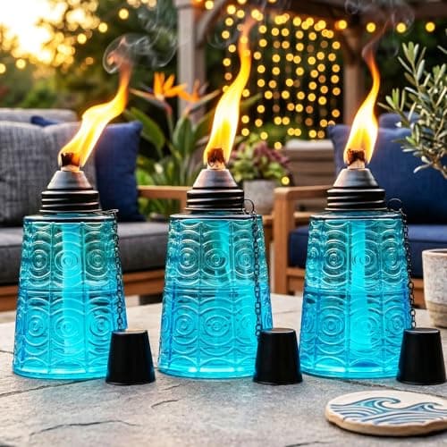 Seraphic Table Top Citronella Burner Torches for Outdoor Patio, 16oz Decorative Glass Tiki Torch Citronella Lamp Candles for Outside Deck, Garden, Parties, Set of 3, Blue