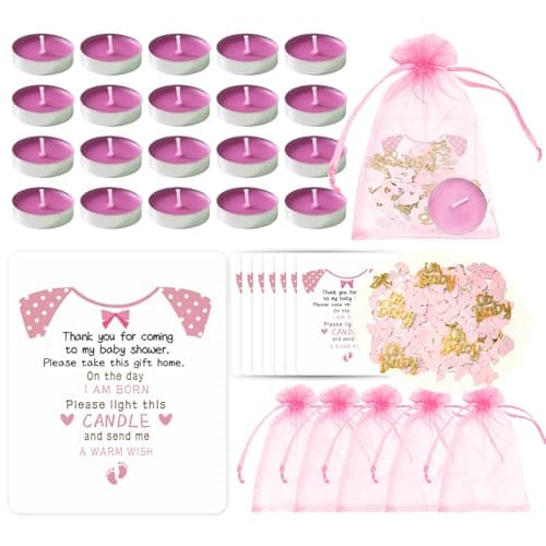 50pcs Baby Shower Favors Tea Light Candles Thank Cards Organza Bags Pink Confetti Girl Baby Gender Reveal Gifts for Guests Gender Reveal Decor (pink)