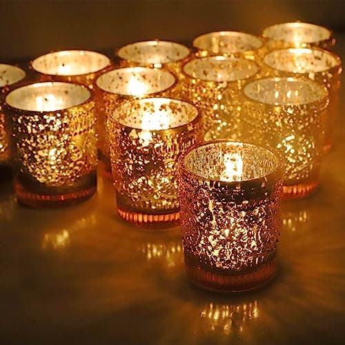 Mercury Gold Tea Light Holders Glass Set of 12, Gold Candle Holders Bulk