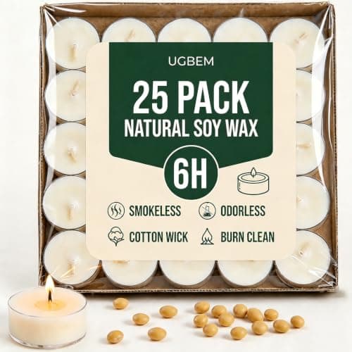 25 Pack Soy Wax Tealights, Unscented Tealight Candles, 6 Hours Burning Time