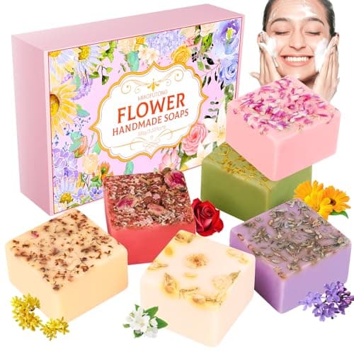 Natural Soap Bar Set for Face & Body, 6 Pcs Handmade Shower Soap with Flowers, Gentle Cleansing Hydrating & Nourishing Bath Soap for Smooth Skin, Perfect Valentine's Day & Mothers Day Gifts for Women