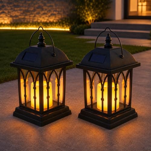 Festive Lights – Set of 2 Solar Garden Candle Lanterns – 27cm Black Outdoor Hanging or Tabletop Lights, Flickering Amber LED Flame Effect, Waterproof, Patio, Garden & Decking Lanterns Gift for Mum