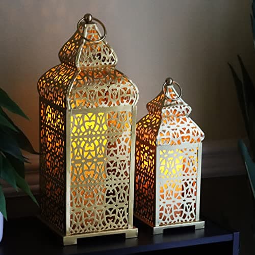 Vela Lanterns Decorative Indoor Moroccan Candle Holders, Gold, Set of 2