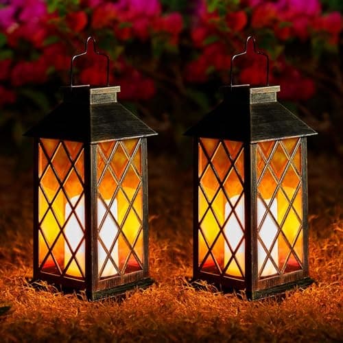 Solar Lanterns Outdoor Garden, 2 Pack Outdoor Lanterns for the Garden, Flickering Moroccan Style Solar Lanterns for Outside, Auto On/Off, IP44 Waterproof Warm White LED for Patio, Pathway, Yard