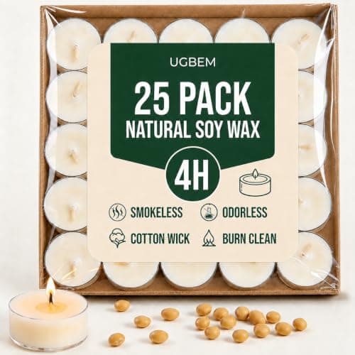 25 Pack Soy Wax Tealights, Unscented Tealight Candles, 4 Hours Burning Time