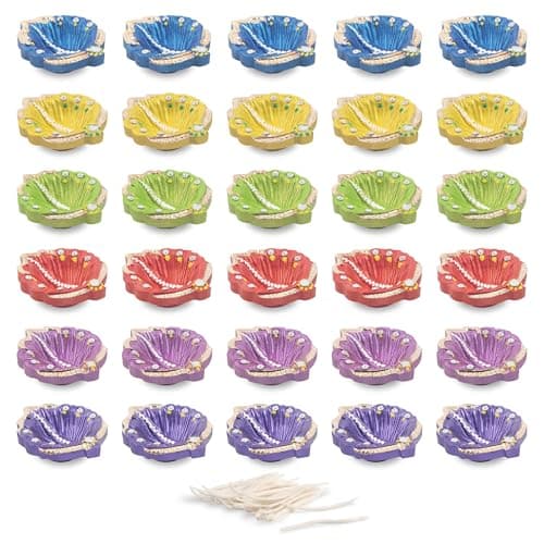 KSJONE Hand Painted Diwali Decoration Diwali Clay Diya with Cotton Wicks Oil Lamp Indian Festive Home Decoration Traditional Temple Pooja Laxmi Puja Diyas Diwali Decor 30 Pcs