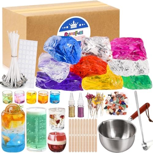 Blingfun Jelly Candle Making Kit,9pcs Gel Wax -7 Colors Candle Making kit，Includes Wax Wicks Wick Stickers，Wooden Wick Holders and More，DIY Starter Candle Making Kit
