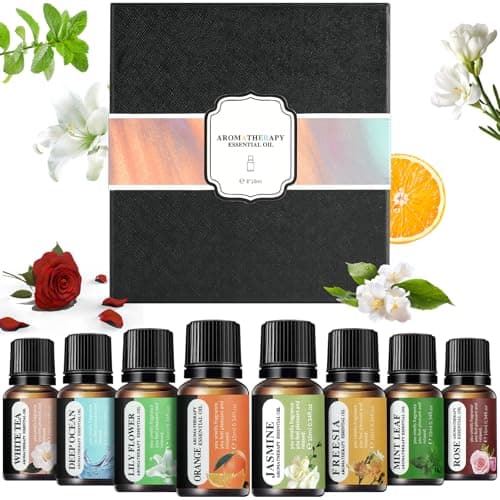 LOPHE Essential Oils Set, 8 x 10 ML Fragrance Oils Gift, Water-Soluble Scented Oils for Diffuser, Humidifier, Massage, Aromatherapy (Jasmine, White Tea, Rose, Lily, Freesia, Orange, Mint, Deep Ocean)