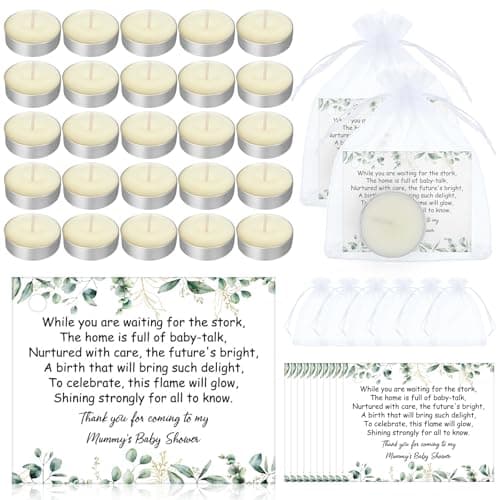 Sinmoe 50 Sets Baby Shower Favours for Guests | Tealight Candles with Organza Bags & Thank You Cards | Christening Party Return Gifts | White