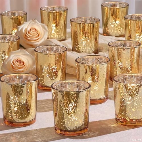 12pcs Candle Holders Votive, Glass Tealight Holders Bulk for Weddings, Events, Table Centrepiece, Christmas, Valentine, and Party and Holiday Decorations (12, gold)