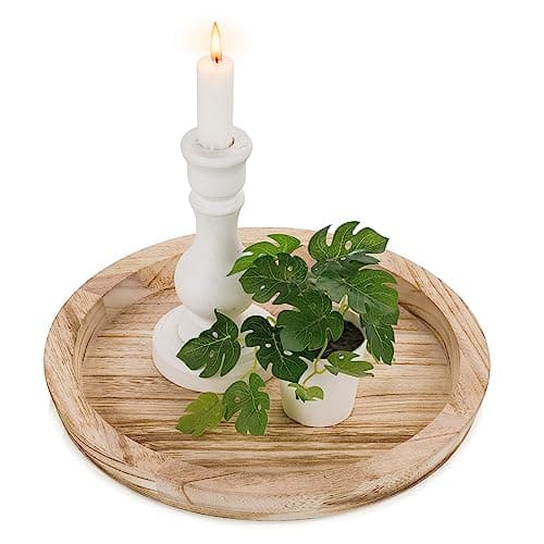Hanobe Round Decorative Candle Tray for Coffee Table, Light Burnt Wood