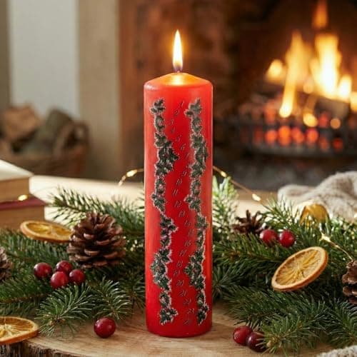 Red Holly Bush Advent Pillar Candle 2 – Christmas Countdown Candle, 70hr Burn, Festive Candle for Table, Mantelpiece & Seasonal Decor