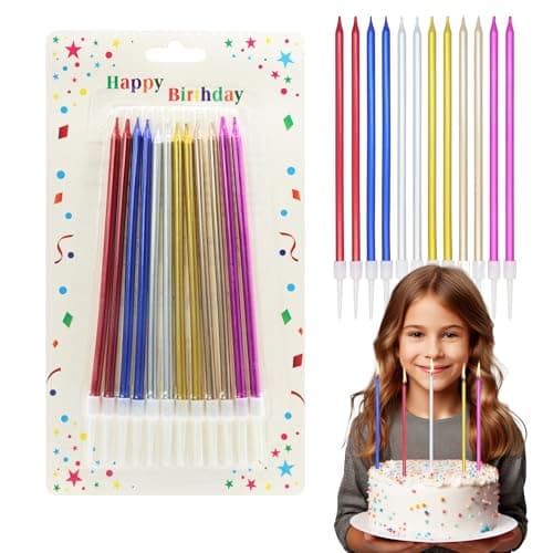 Multicolour Birthday Candles for Cakes, Pack of 12 Pieces Long Multicolour Party Candles with Candle Holders for Wedding, Birthday, Party Decorations, Anniversary and Meetups
