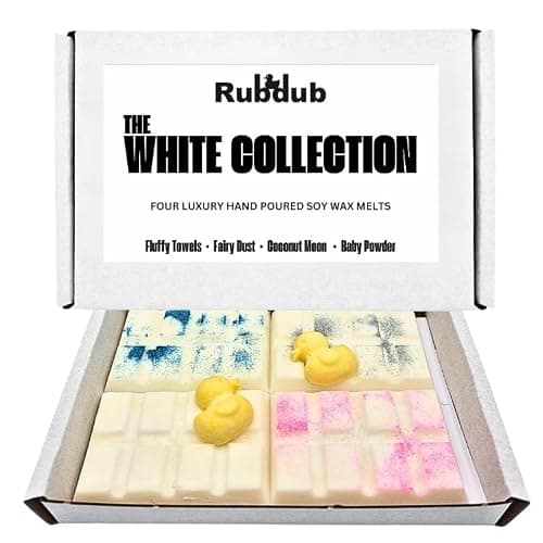 Rubdub 4 X 30G Soy Wax Melt Snap Bars (Fairy Dust/Baby Powder/Fluffy Towels/Coconut Moon) - 100 Hours + Burn Time - Highly Scented - Wax melts gift set, Wax melts strong scented (White Collection)