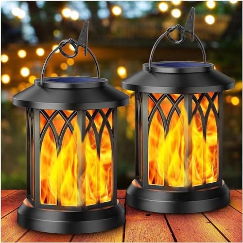 KOOPER Solar Lights Outdoor Garden, 2 Pack Hanging Solar Lanterns with Realistic Flickering Flame LED, Waterproof Flame Effect Garden Ornaments Birthday Gifts for Women for Pathway Patio Decoration