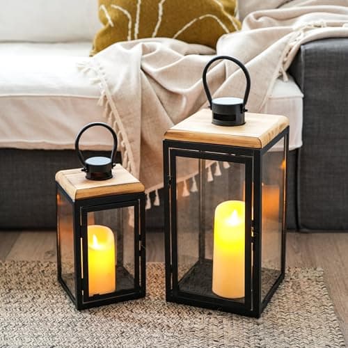 TRIROCKS Set of 2 Deacorative Large Candle Lantern Modern Hurricane Black Metal Candle Holder Outdoor Indoor Vintage Floor Lanterns for Home Decor Mantle Patio Porch Garden Wedding Table