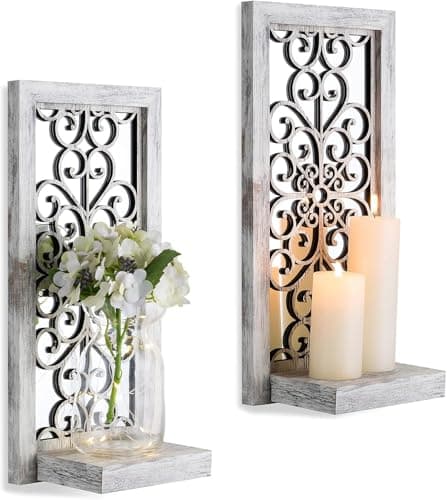 Walasis Distressed White Wall Candle Holders with Mirror, Set of 2