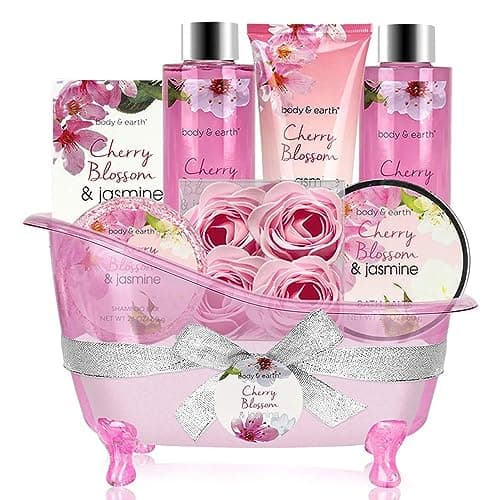 BODY & EARTH Birthday Gifts for Women, 8PC Cherry Blossom&Jasmine Pamper Sets for Woman Gift, Includes Bubble Bath, Soap, Spa Bath Sets, Christmas Mothers Day Gifts for Women, Valentines Gifts for Her