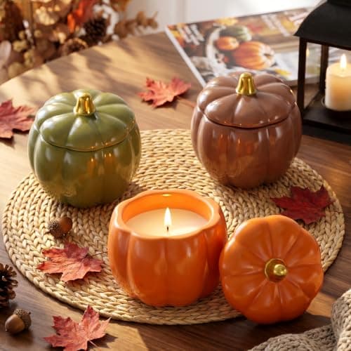 Everloria 3 Pcs Fall Ceramic Pumpkin Candle Gift Set, Autumn Scented Candle, 3 x 135g Soy Wax Pumpkin Jar Candles, Thanksgiving Halloween Home Table Centerpiece Farmhouse Decor Gift