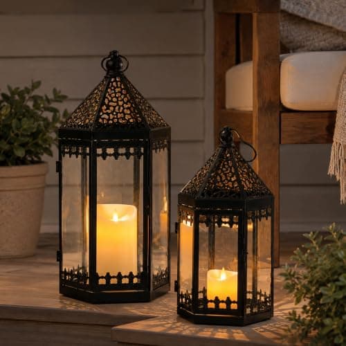 TRIROCKS Set of 2 Deacorative Candle Lantern 40 cm & 30 cm High Metal Candle Holder Hanging Lanterns with Tempered Glass for Indoor Outdoor Home Decor Garden Pathway Patio Party Events Wedding(Black)