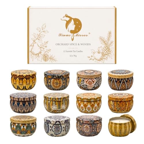 YINUO MIRROR Scented Candle Gift Set, 12 x 70g Soy Wax Tin Candles, Autumn & Winter Fragrances, Orchard Spice & Woods, Cosy Home Gifts for Women