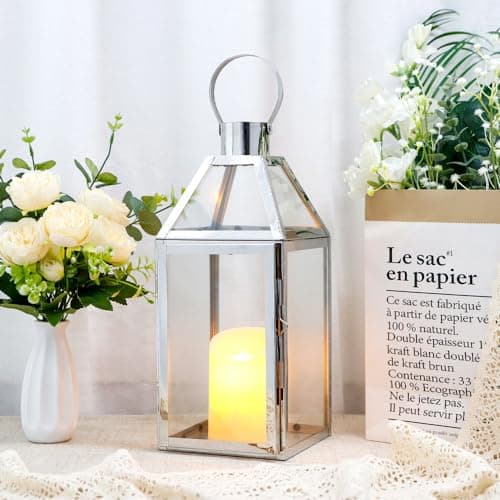 JHY DESIGN Stainless Steel Candle Lantern, 34cm High Hanging Glass Lantern|Candle Holders Balcony Accessories for Candles Indoor Outdoor Party Wedding Garden Hallway Pavilion Patio Living Room(Silver)