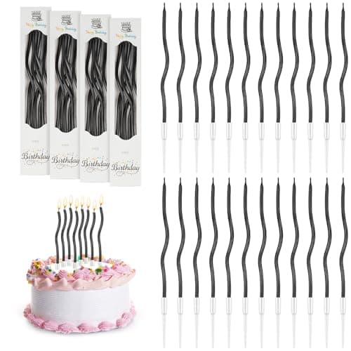 URAQT 24 Pcs Twisty Birthday Candles, Spiral Birthday Candles in Holders, Metallic Long Thin Cupcake Candles for Birthday Wedding Baby Shower Party Decoration Graduation (Black)