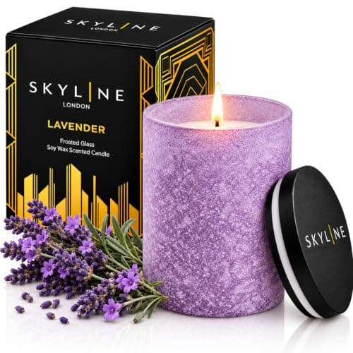 Lavender Soy Wax Candle in Elegant Speckled Mauve Frosted Glass Jar with Wooden Lid, 33-Hour Burn Time, Great Gift for Home Fragrance & Décor by Skyline London