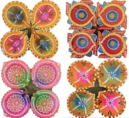 Diwali Diyas | Hand Made Traditional Oil Lamps | Clay Diyas Multi Colour - (Pack of 16 Diyas)